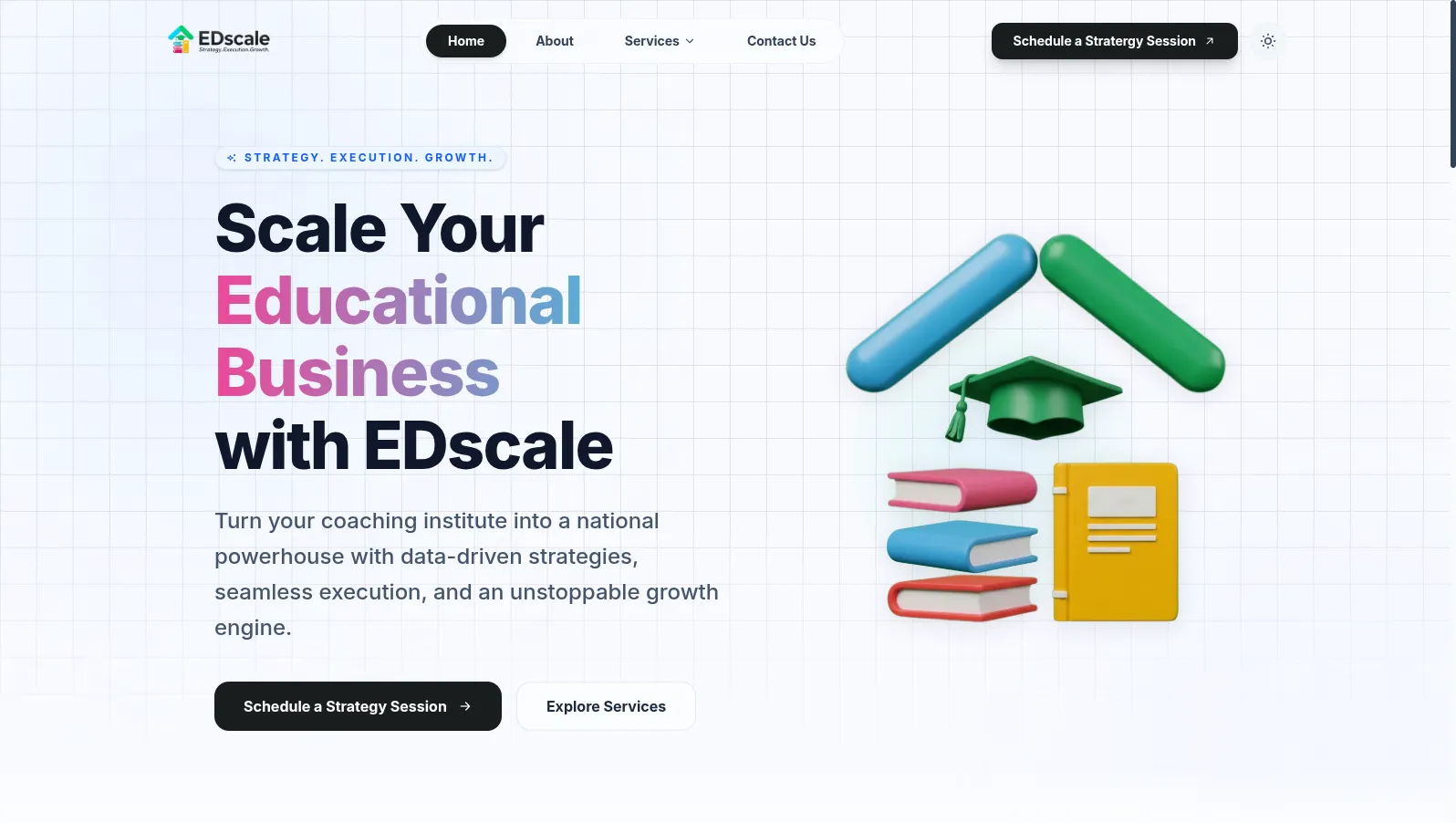 EDscale landing page hero section with headline, CTAs, and 3D education illustrations