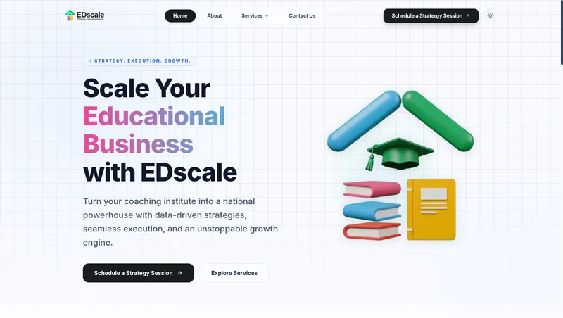 EDscale landing page hero section with headline, CTAs, and 3D education illustrations