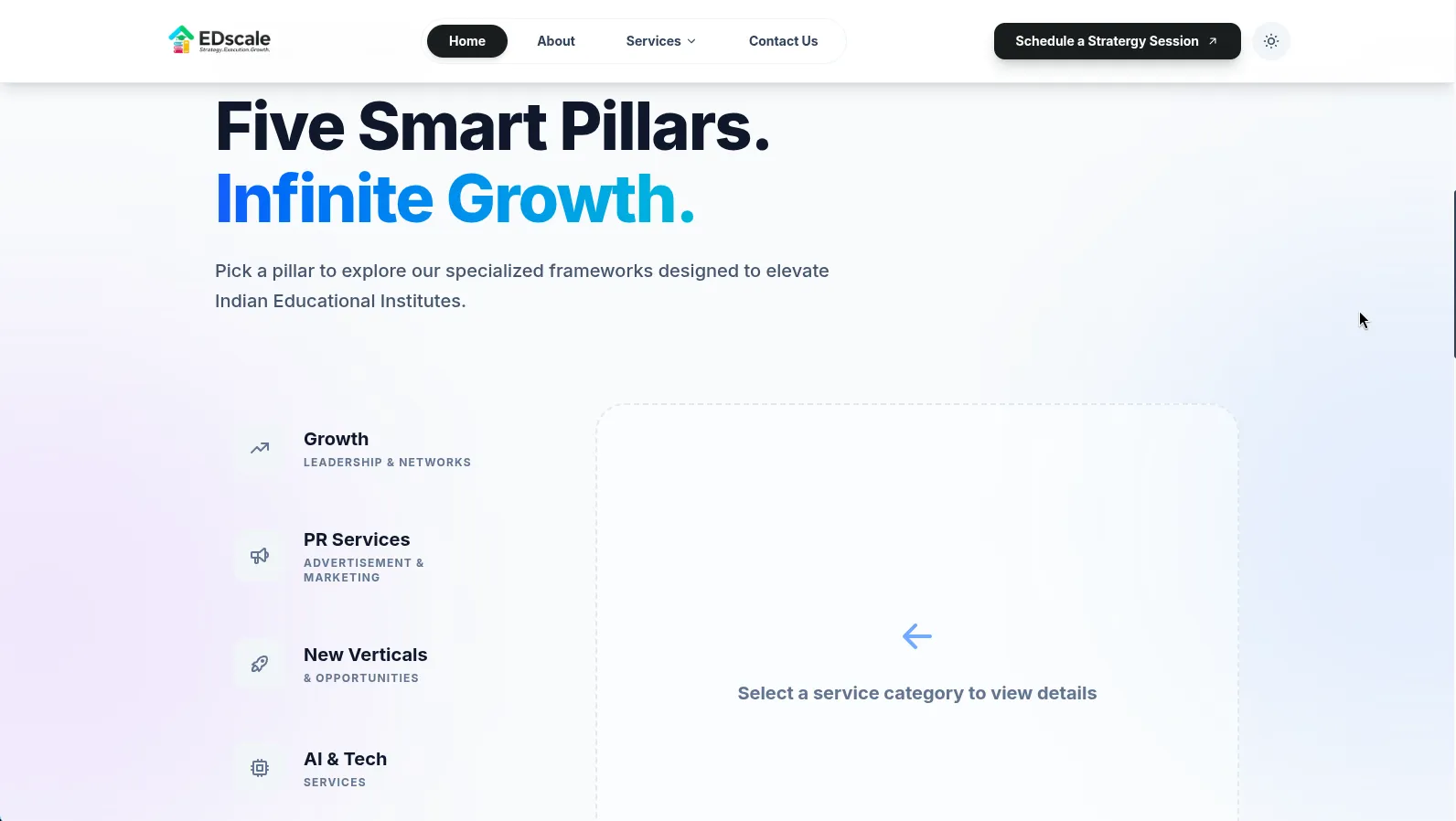 Five Smart Pillars services section with interactive category selector for Growth, PR, New Verticals, and AI & Tech