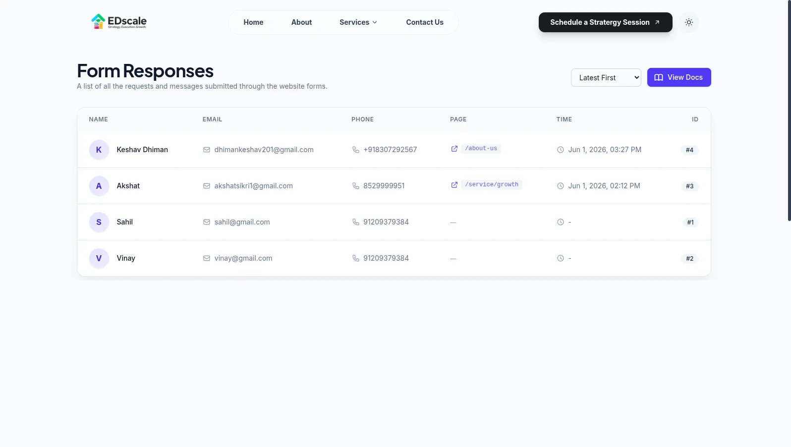 Form Responses admin dashboard showing submitted leads in a sortable table with name, email, phone, page, and timestamp