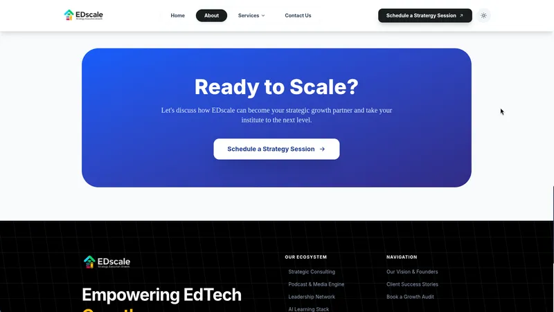 Ready to Scale CTA section and site footer with navigation links and ecosystem overview